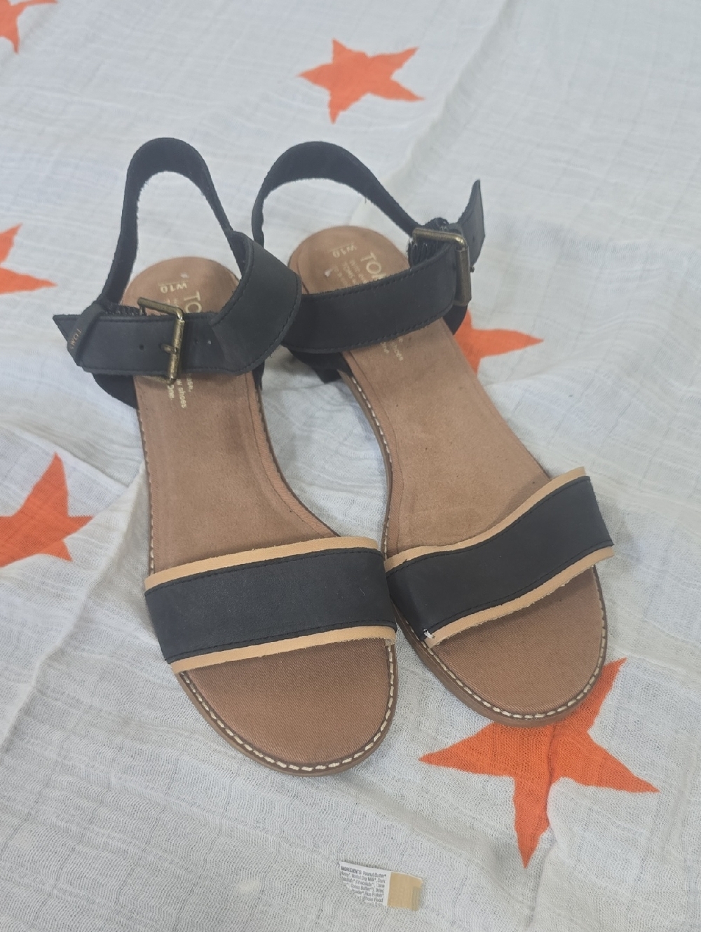 Black Ankle-Strap Sandals with Tan Trim - Women's Size 10